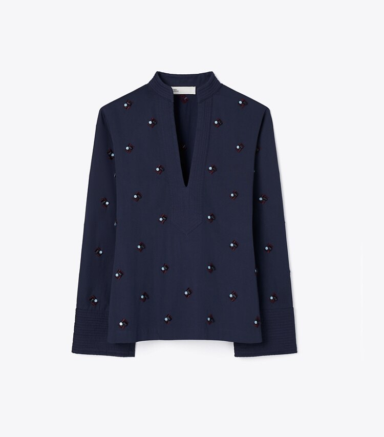 Tory Burch diseñador ropa de playa Top de algodón con adornos en Medium Navy frente