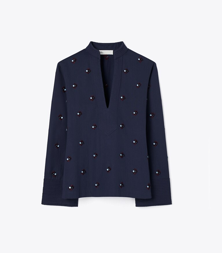 Tory Burch diseñador ropa de playa Top de algodón con adornos en Medium Navy frente