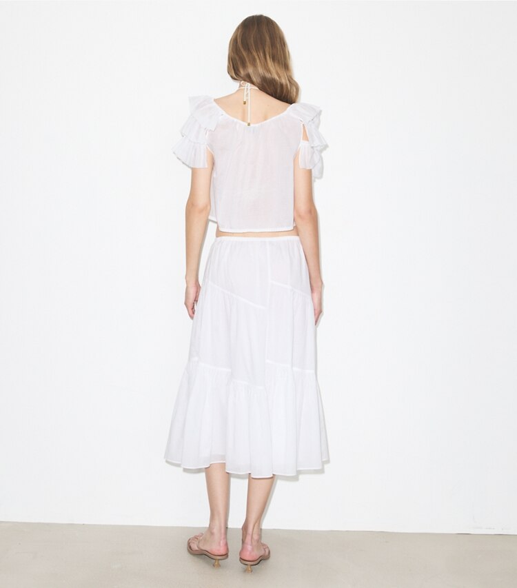 Tory Burch diseñador ropa de playa Top de algodón con volantes en White parte posterior en modelo