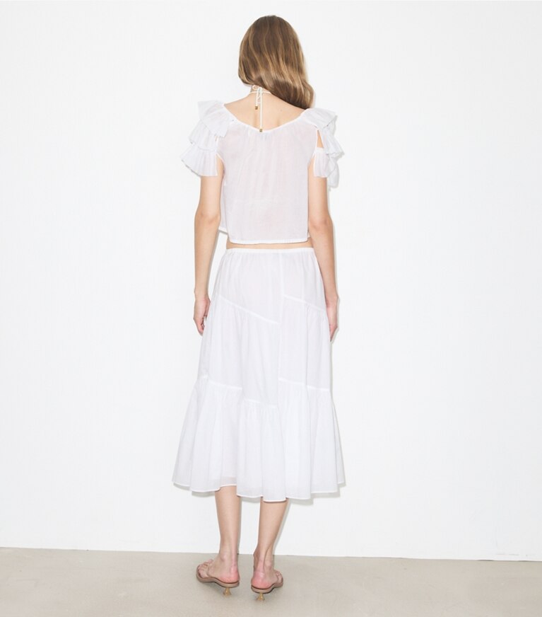 Tory Burch diseñador ropa de playa Top de algodón con volantes en White parte posterior en modelo