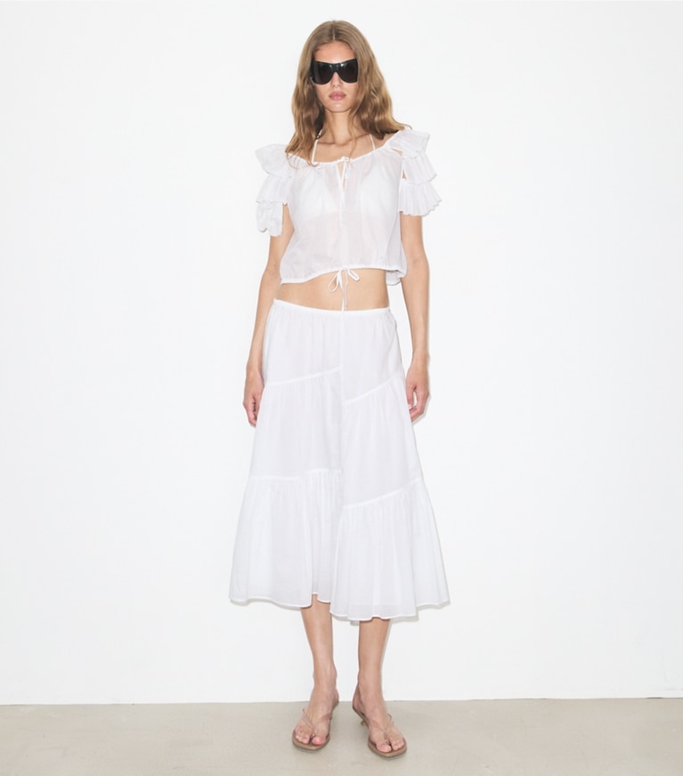Tory Burch diseñador ropa de playa Top de algodón con volantes en White frente en modelo
