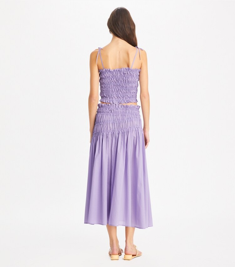 Tory Burch diseñador pareos Top de algodón fruncido en Lilac Frost parte posterior en modelo