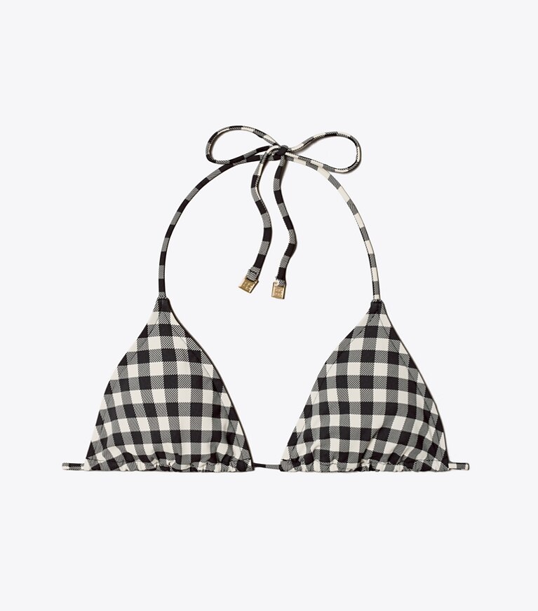 Tory Burch diseñador de dos piezas Top de bikini de tiras con estampado con monograma de T en BLACK / NEW IVORY GINGHAM frontal