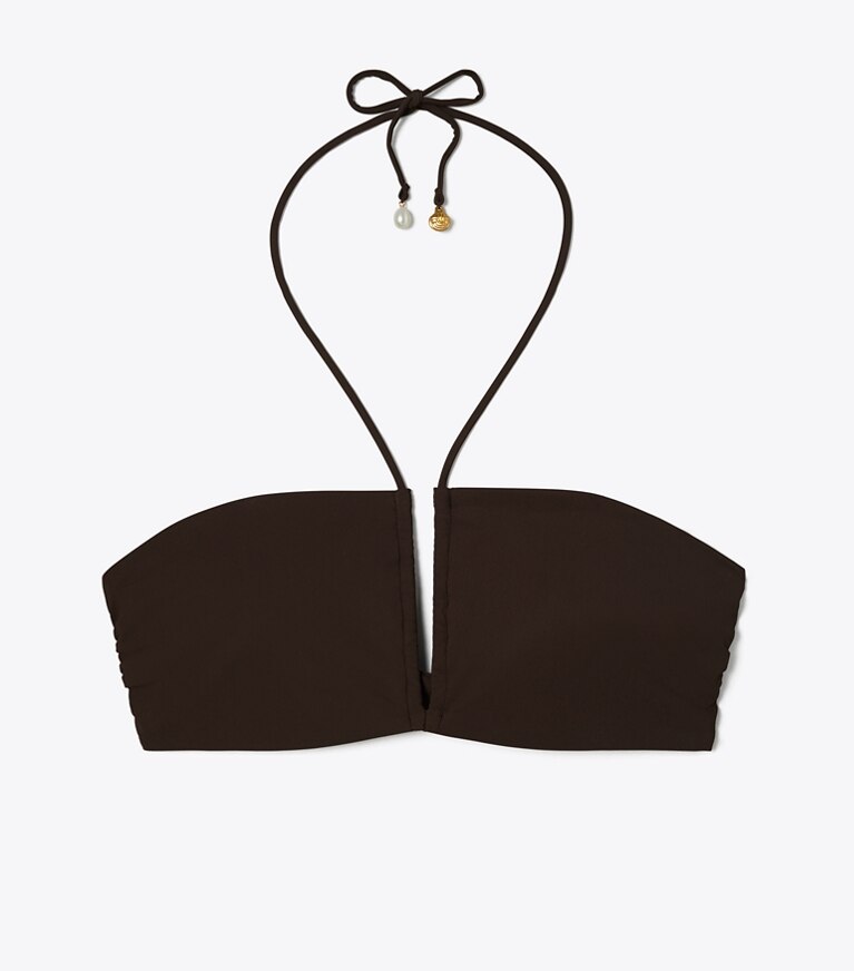 Tory Burch diseñador dos piezas Top de bikini tipo bandeau Halter en Dark Fudge frente