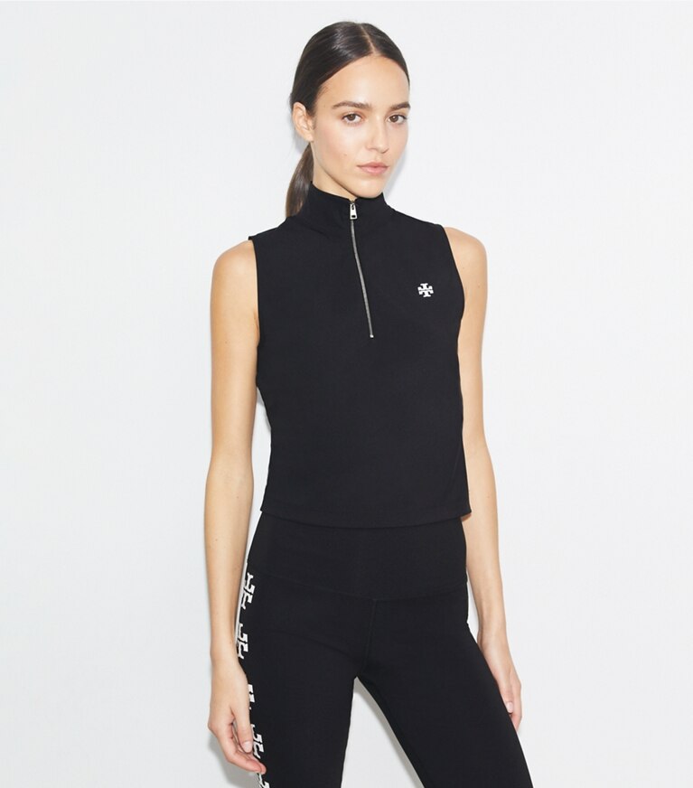 Tory Sport diseñador tops Top de compresión con cremallera en Sport Black detalle en modelo