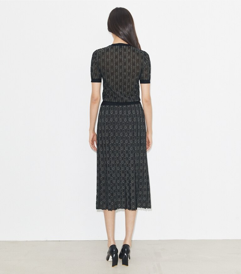 Tory Burch diseñador suéteres Top de jacquard con cuello redondo en Metallic Navy / Champagne parte posterior en modelo