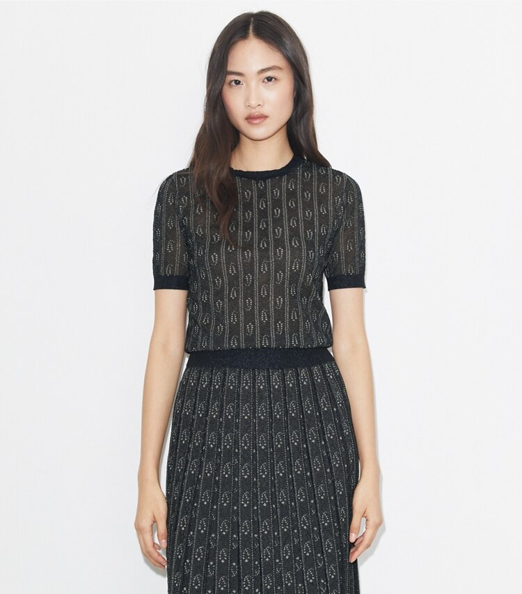 Tory Burch diseñador suéteres Top de jacquard con cuello redondo en Metallic Navy / Champagne detalle en modelo
