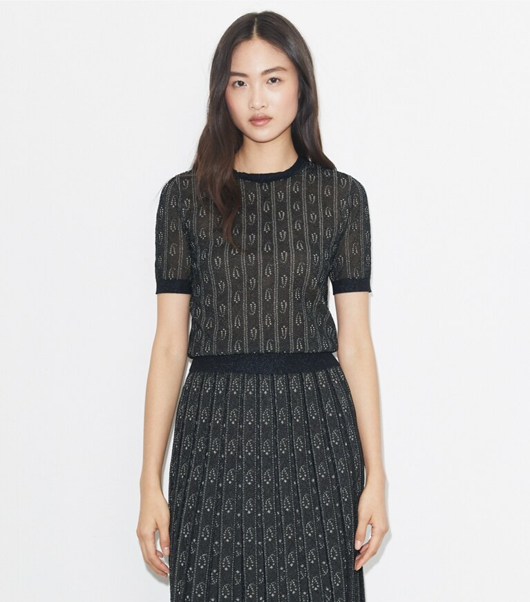 Tory Burch diseñador suéteres Top de jacquard con cuello redondo en Metallic Navy / Champagne detalle en modelo