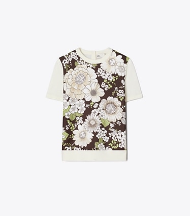 Tory Burch diseñador suéteres Top de lana con parte frontal de seda en New Ivory / Brown Floral frente