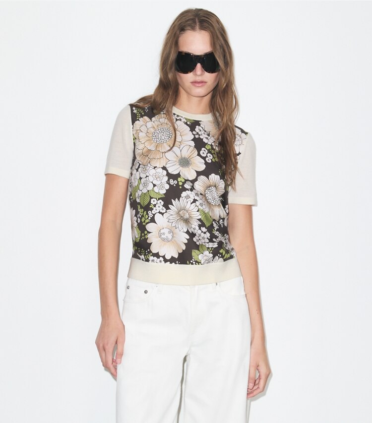 Tory Burch diseñador suéteres Top de lana con parte frontal de seda en New Ivory / Brown Floral detalle en modelo