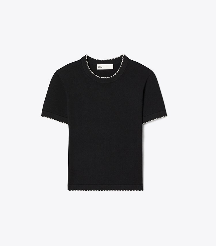 Tory Burch diseñador suéteres Top de lana festoneado en Black / New Ivory frente