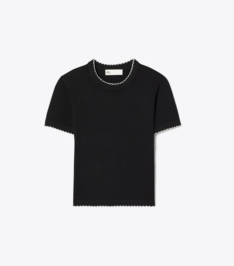 Tory Burch diseñador suéteres Top de lana festoneado en Black / New Ivory frente