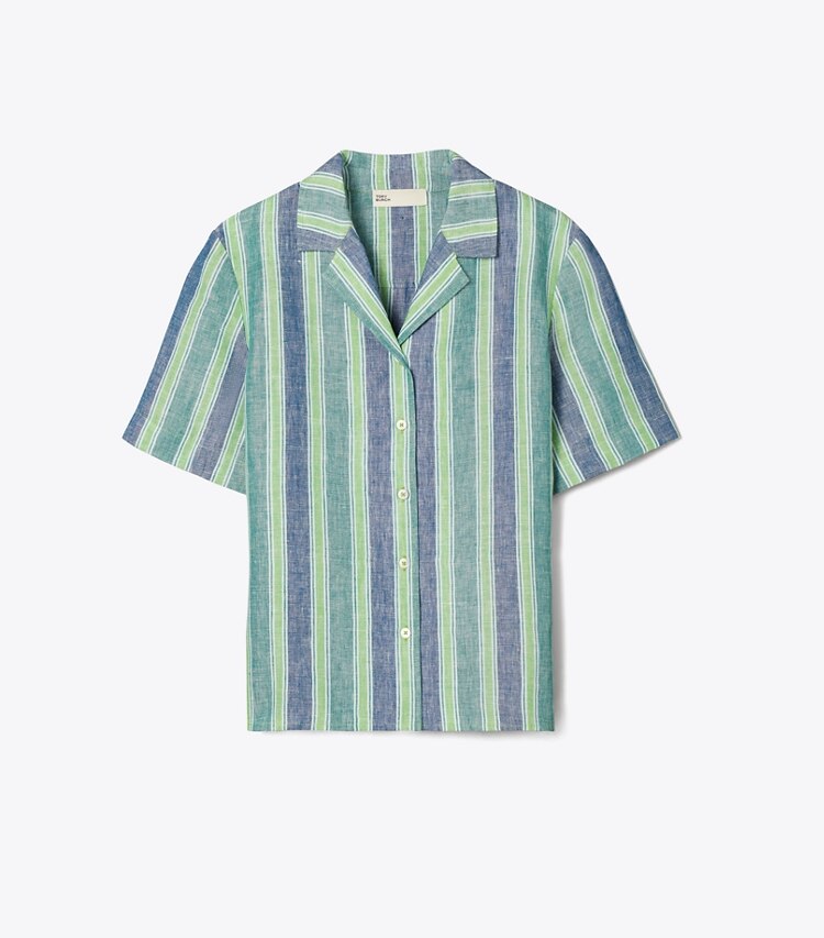Tory Burch diseñador ropa de playa Top de lino a rayas en Blue / Green Summer Stripe frente