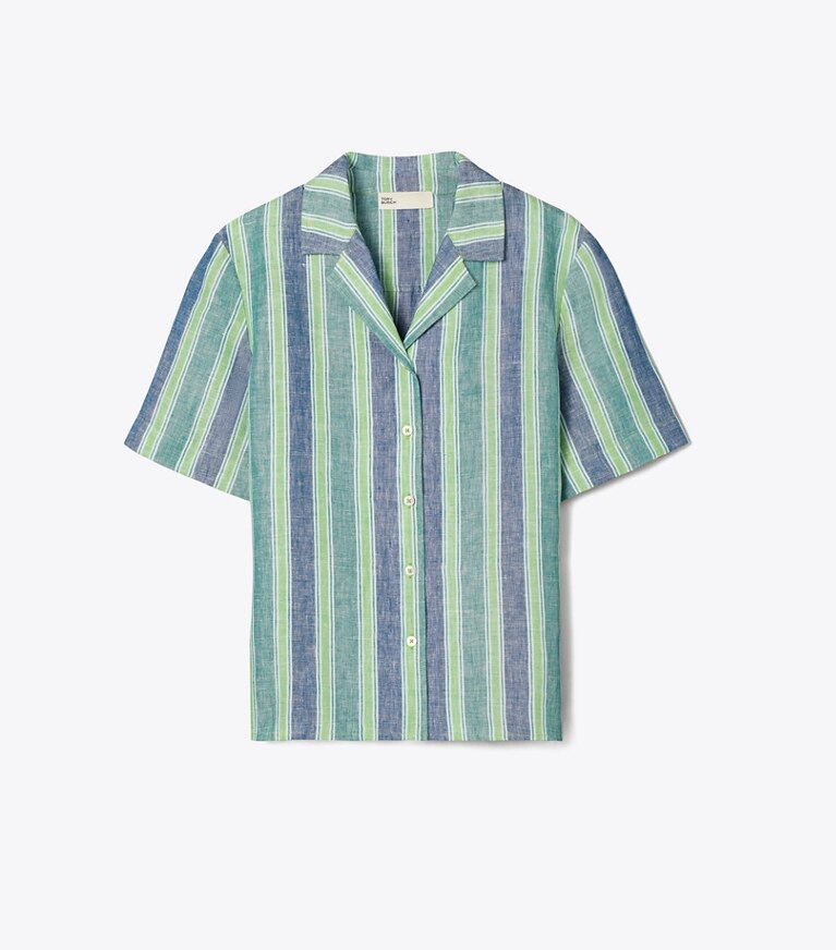 Tory Burch diseñador ropa de playa Top de lino a rayas en Blue / Green Summer Stripe frente