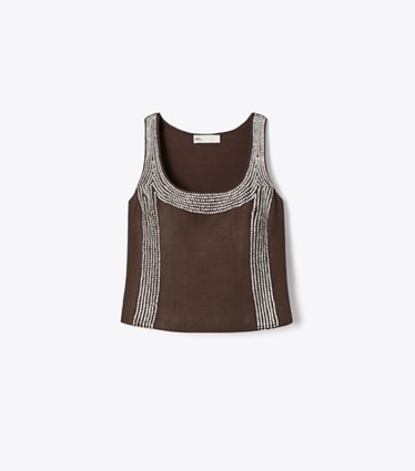 Tory Burch diseñador tops Top de lino con adornos en Light Chocolate frente
