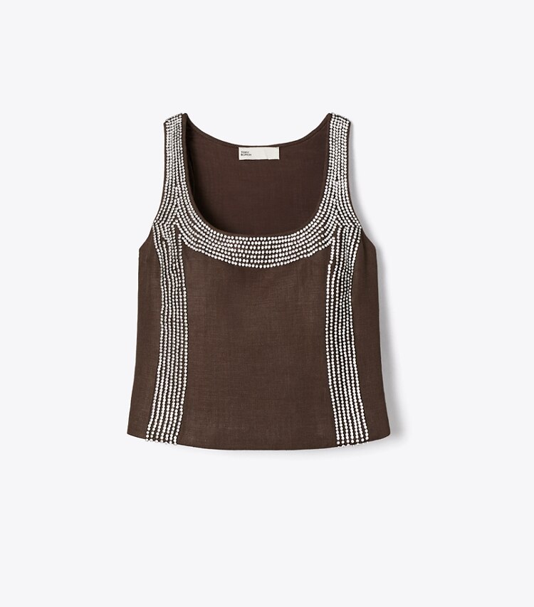 Tory Burch diseñador tops Top de lino con adornos en Light Chocolate frente