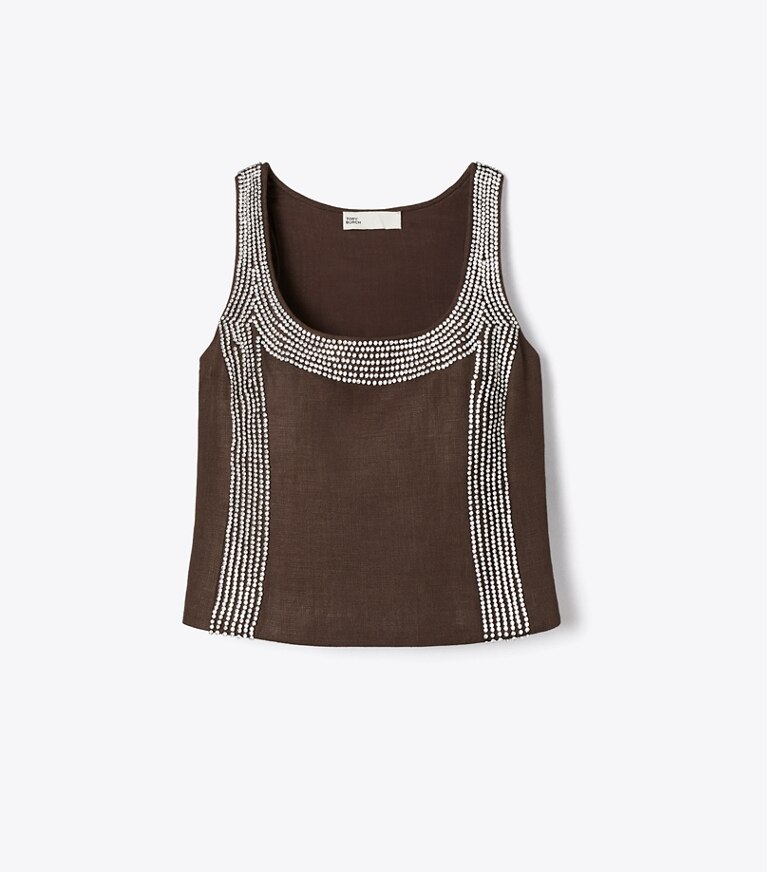 Tory Burch diseñador tops Top de lino con adornos en Light Chocolate frente