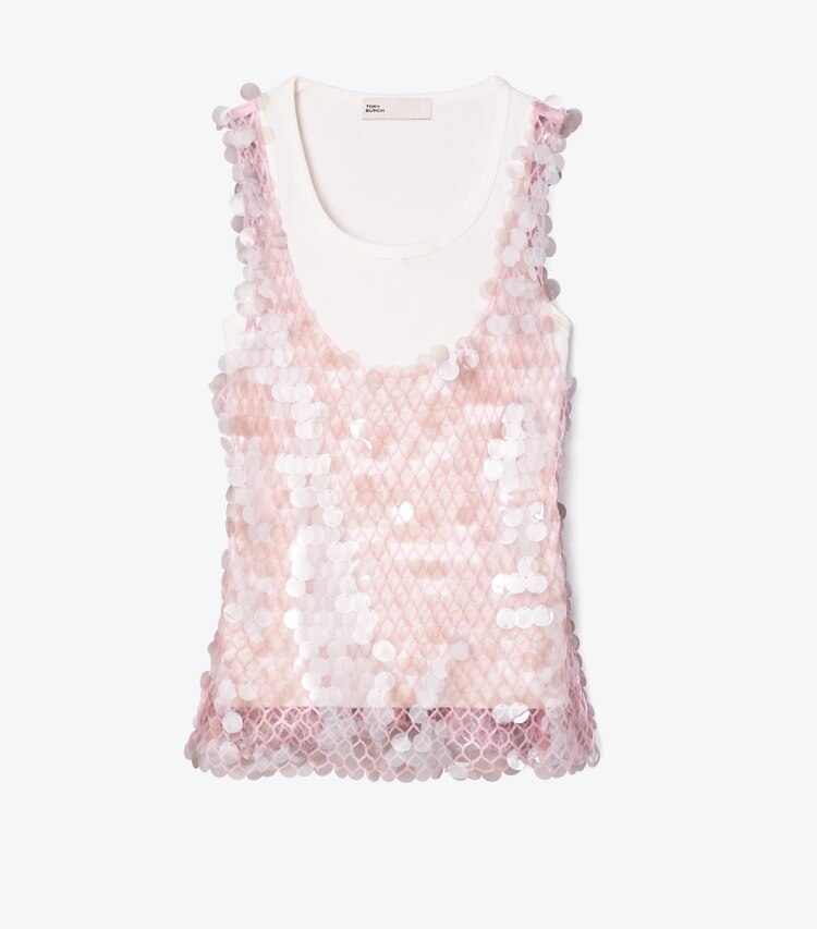 Tory Burch diseñador tops Top de malla con lentejuelas en Snow White / Light Pink frente