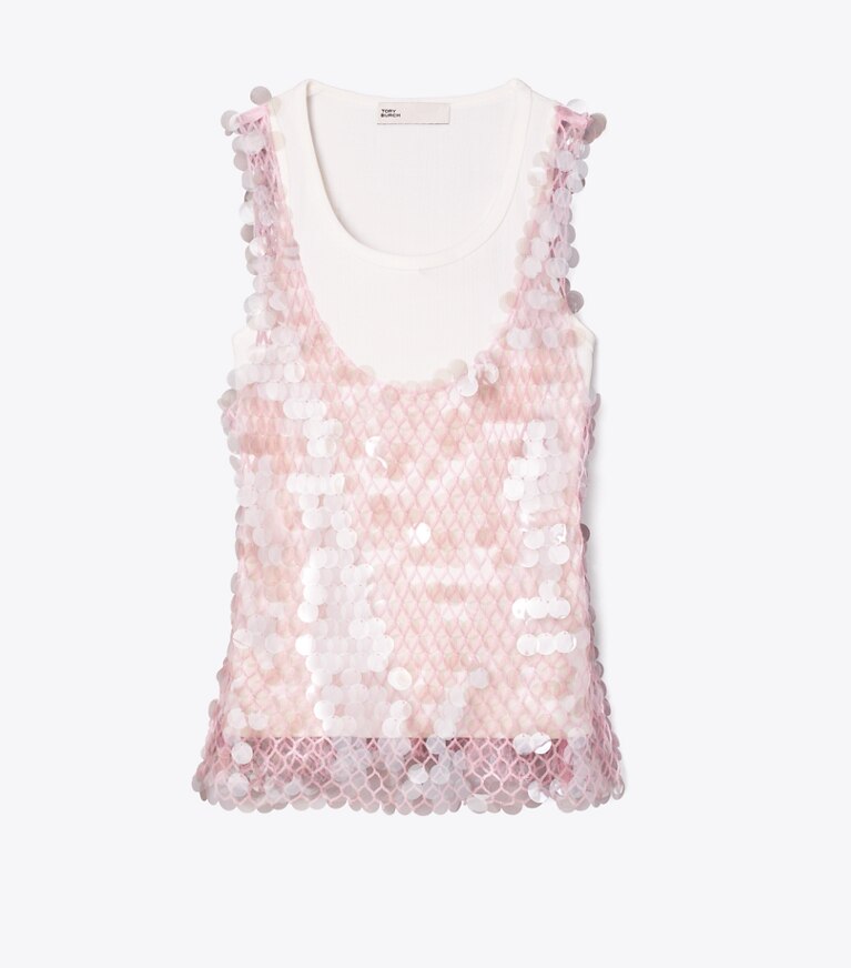 Tory Burch diseñador tops Top de malla con lentejuelas en Snow White / Light Pink frente