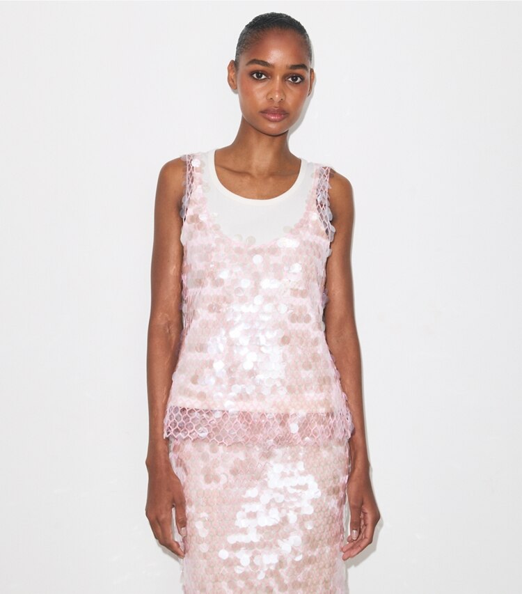 Tory Burch diseñador tops Top de malla con lentejuelas en Snow White / Light Pink detalle en modelo