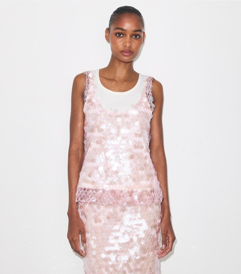 Tory Burch diseñador tops Top de malla con lentejuelas en Snow White / Light Pink detalle en modelo