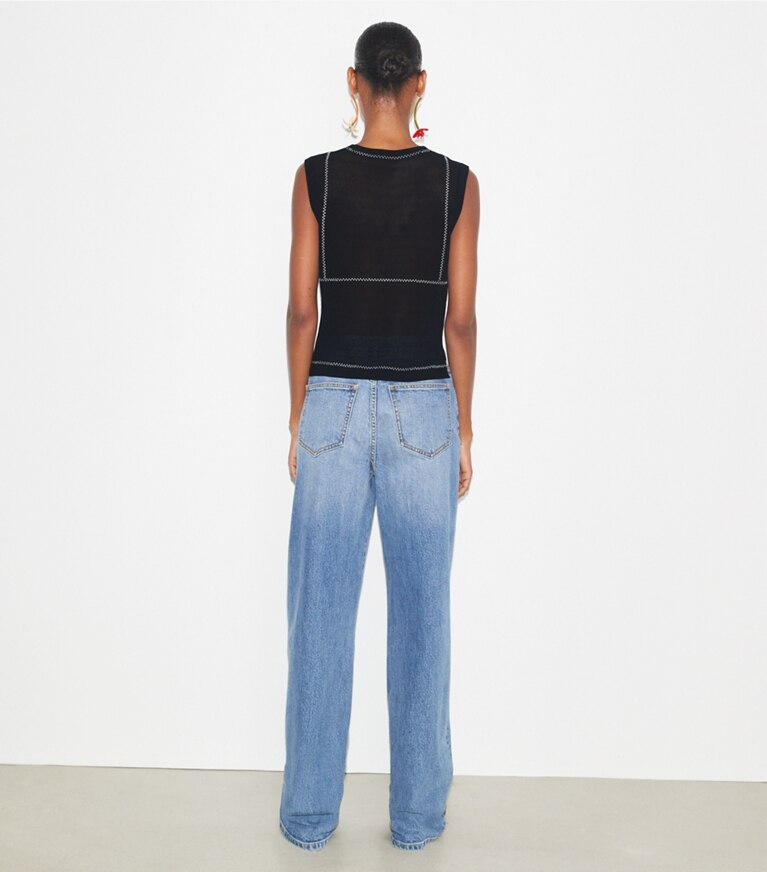 Tory Burch diseñador suéteres Top de malla de algodón y nailon en Black parte posterior en modelo