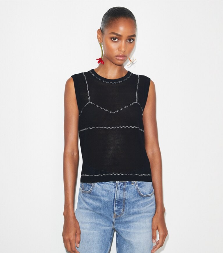 Tory Burch diseñador suéteres Top de malla de algodón y nailon en Black detalle en modelo
