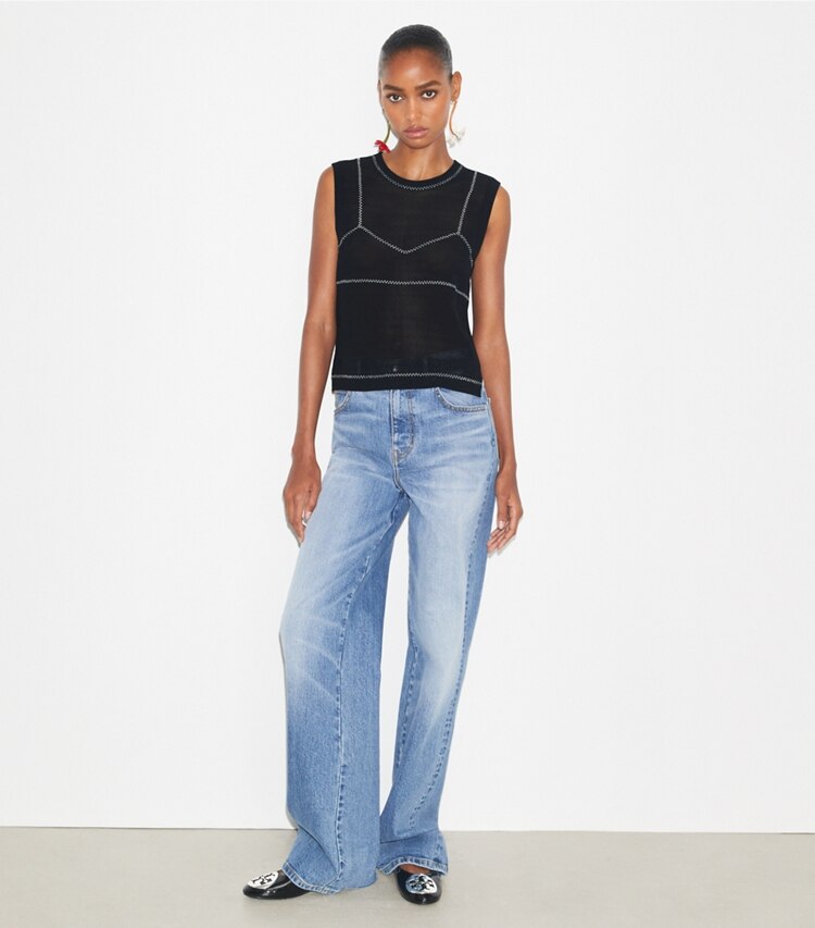 Tory Burch diseñador suéteres Top de malla de algodón y nailon en Black frente en modelo