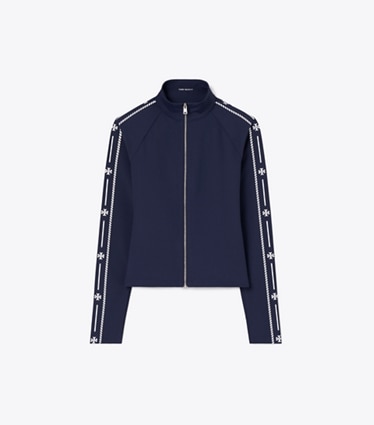 Tory Burch diseñador chaquetas Top de nailon con cremallera y ribete con logotipo en TORY NAVY frontal
