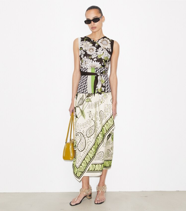 Tory Burch diseñador tops Top de seda estampado en Brown Floral frente en modelo