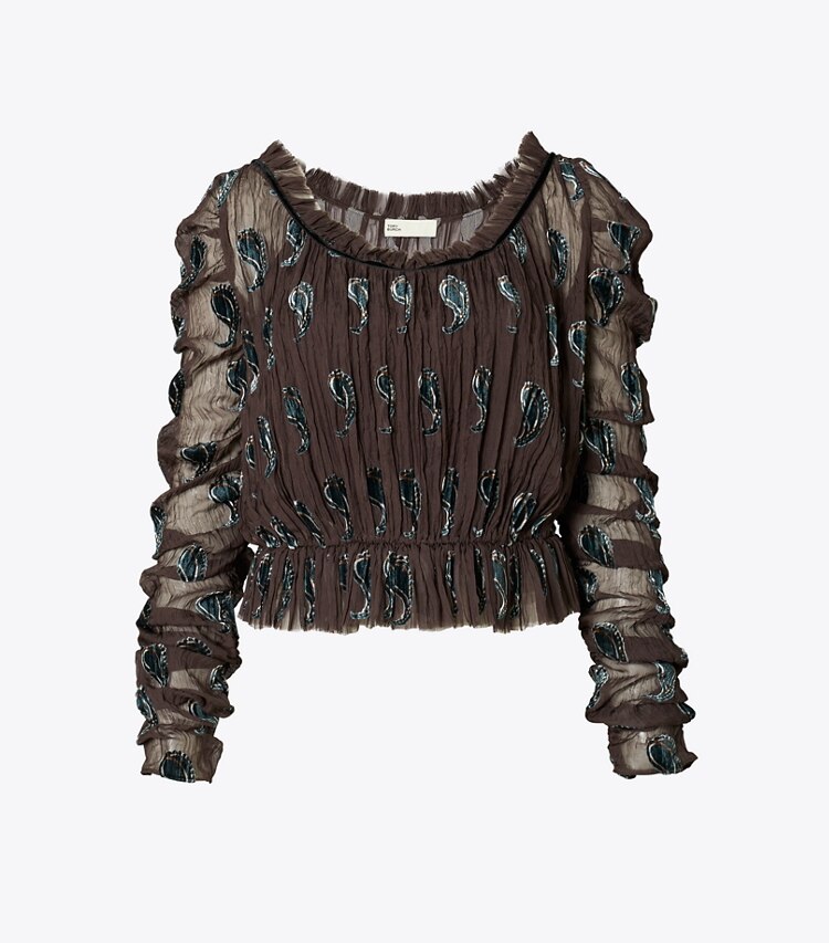Tory Burch diseñador tops Top de terciopelo fruncido en Brown Paisley frente