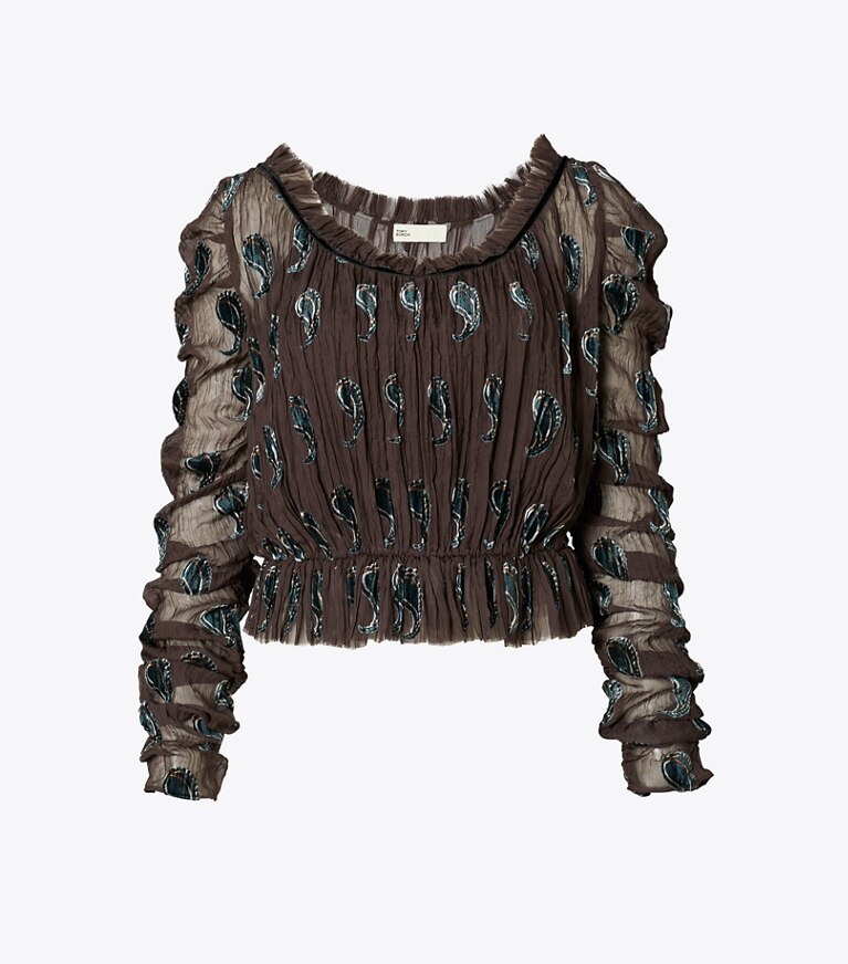 Tory Burch diseñador tops Top de terciopelo fruncido en Brown Paisley frente