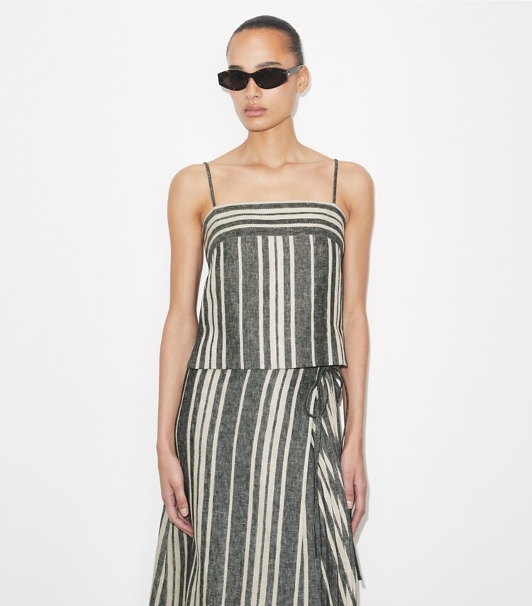 Tory Burch diseñador ropa de playa Top de tirantes tipo lencero de lino en Black / Ivory detalle en modelo