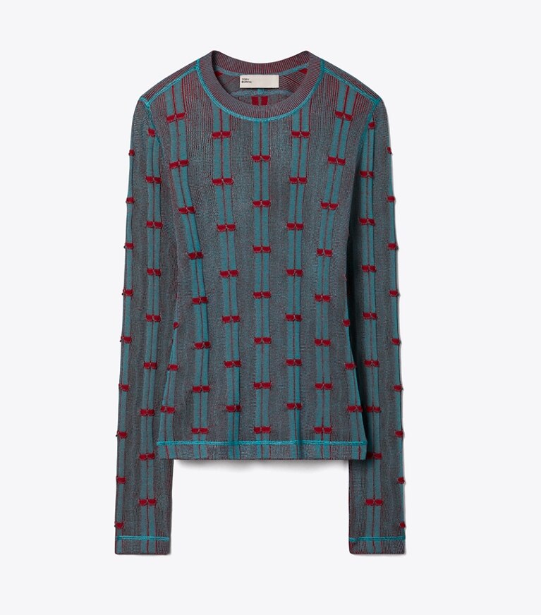 Tory Burch diseñador suéteres Top de viscosa acanalada en Mermaid / Bordeaux frente