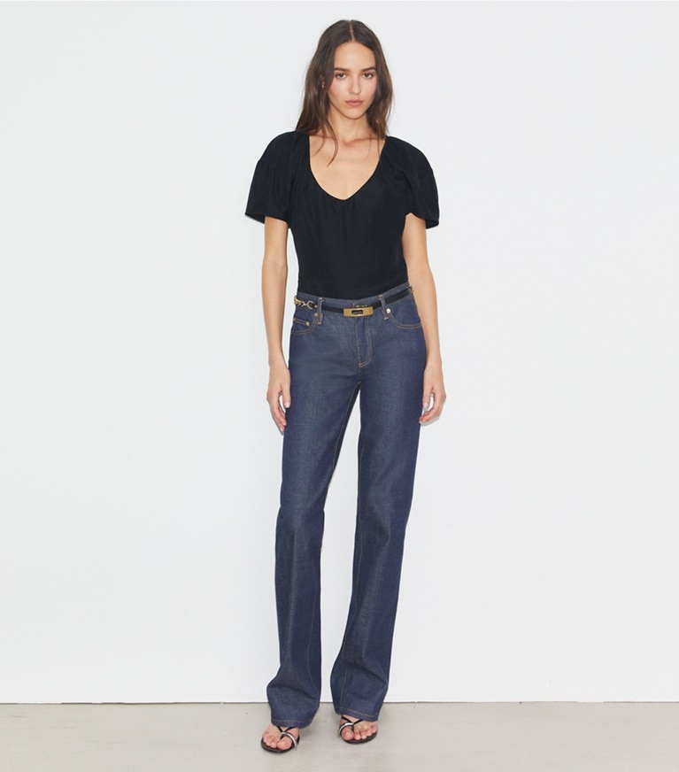 Tory Burch diseñador tops Top de viscosa con mangas globo en Black frente en modelo