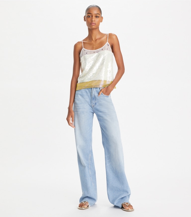 Tory Burch designer hauts Top en lamé brodé in Pink Chartreuse front