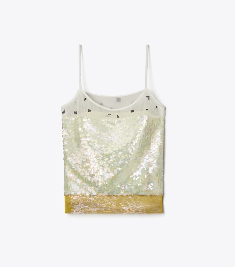 Tory Burch designer hauts Top en lamé brodé in Pink Chartreuse front