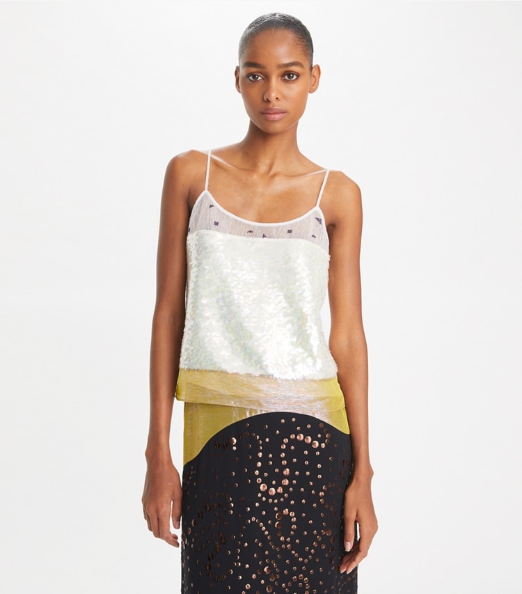 Tory Burch designer hauts Top en lamé brodé in Pink Chartreuse on model detail