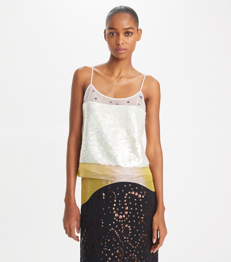 Tory Burch designer hauts Top en lamé brodé in Pink Chartreuse front