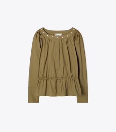 Tory Burch designer tops Top in cotone con coulisse in Olive front