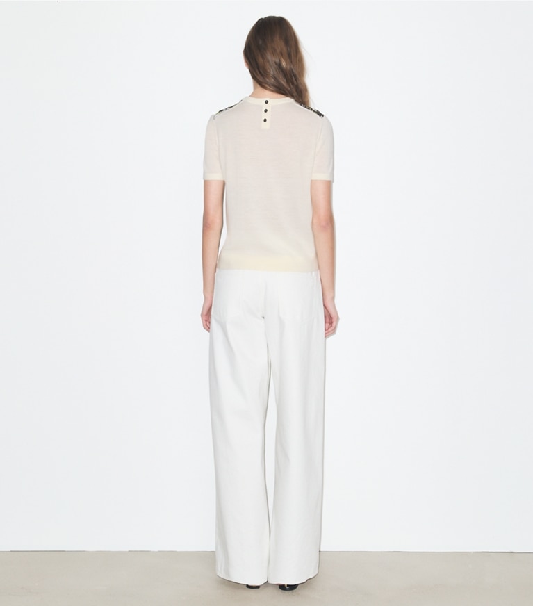Tory Burch designer maglioni Top in lana con parte anteriore in seta in New Ivory / Brown Floral on model back