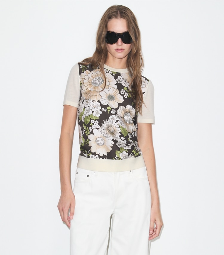 Tory Burch designer maglioni Top in lana con parte anteriore in seta in New Ivory / Brown Floral on model detail