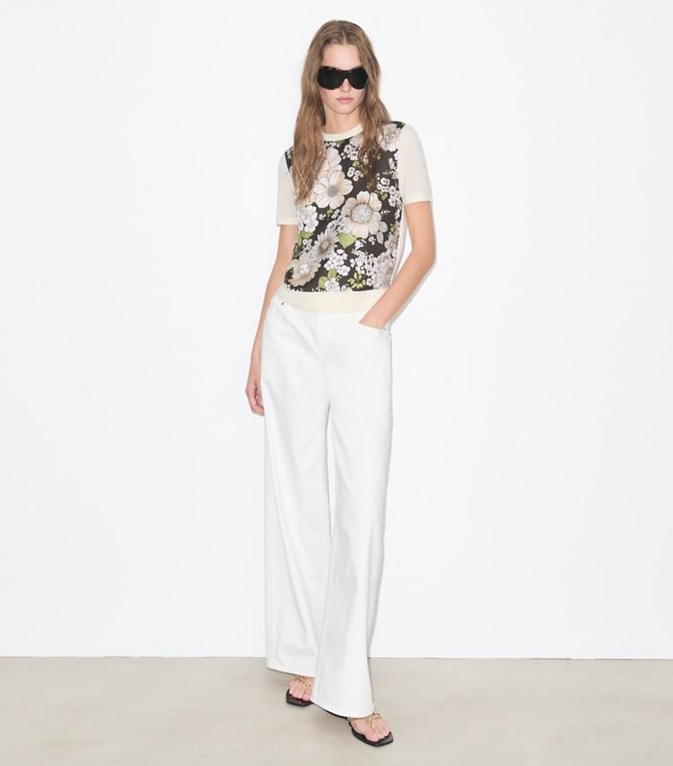 Tory Burch designer maglioni Top in lana con parte anteriore in seta in New Ivory / Brown Floral parte anteriore su modella