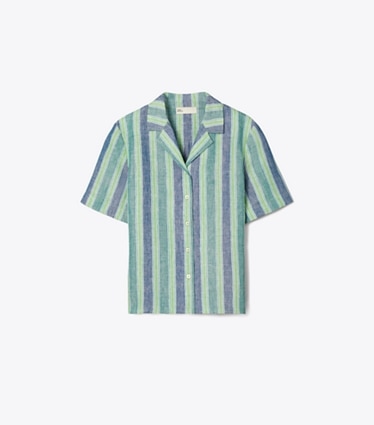 Tory Burch designer copricostume Top in lino a righe in Blue / Green Summer Stripe front