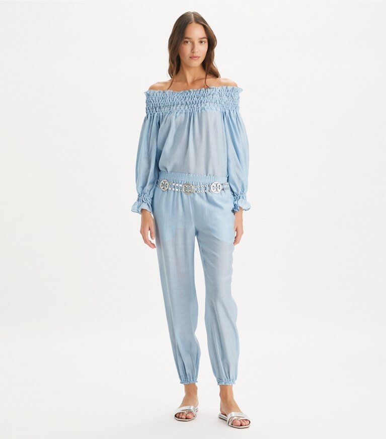 Tory Burch designer copricostume Top in lino con ruches in Light Blue Sky front