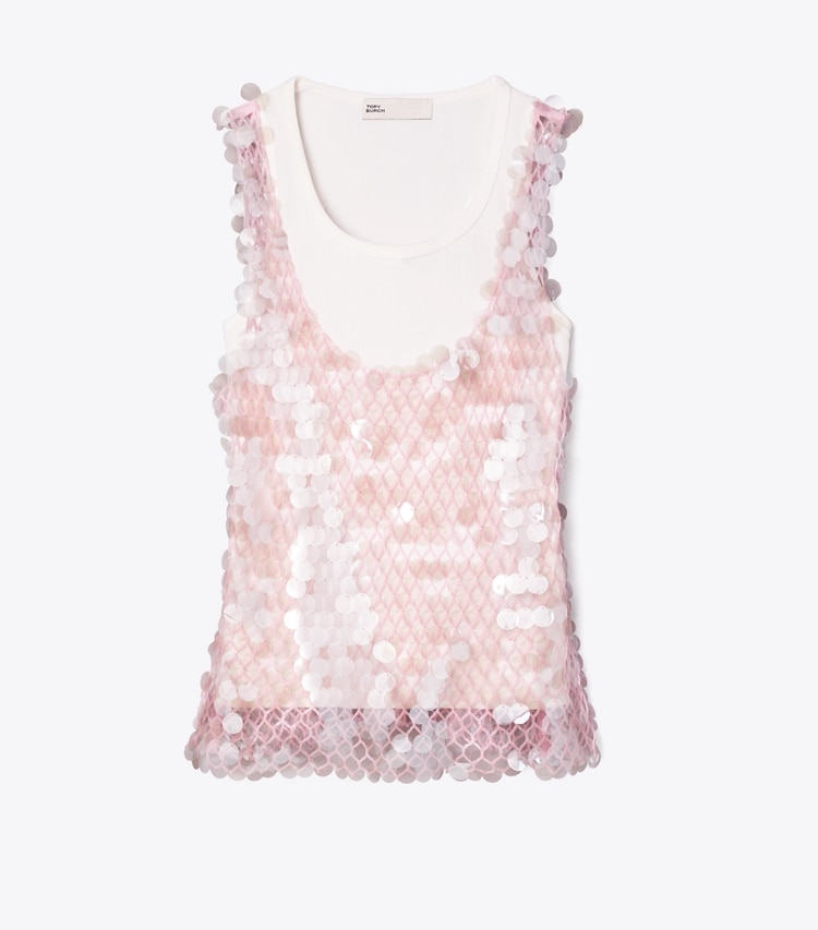 Tory Burch designer tops Top in rete con paillettes in Snow White / Light Pink front