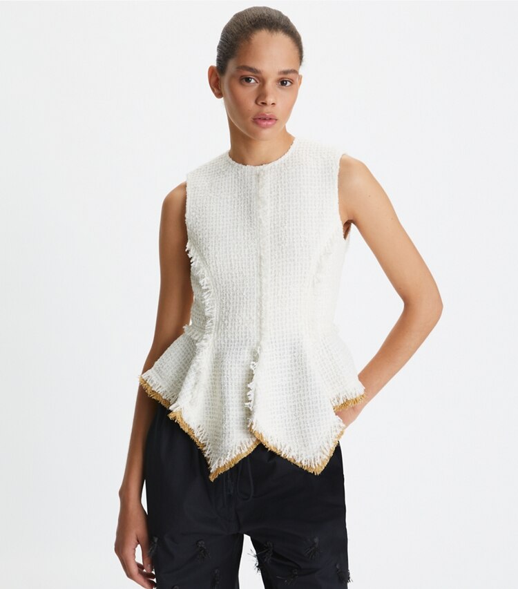 Tory Burch designer tops Top in tweed di cotone in Vanilla on model detail