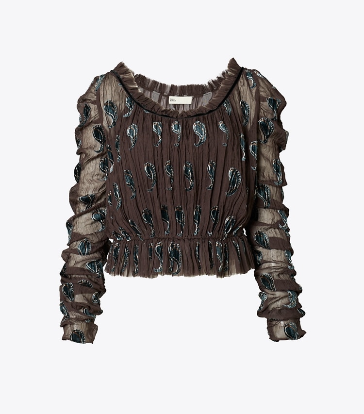 Tory Burch designer tops Top in velluto con ruche in Brown Paisley front