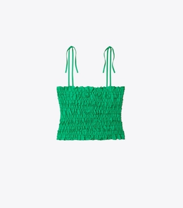 Tory Burch designer copricostume Top in viscosa con lavorazione a punto smock in Spring Jade front
