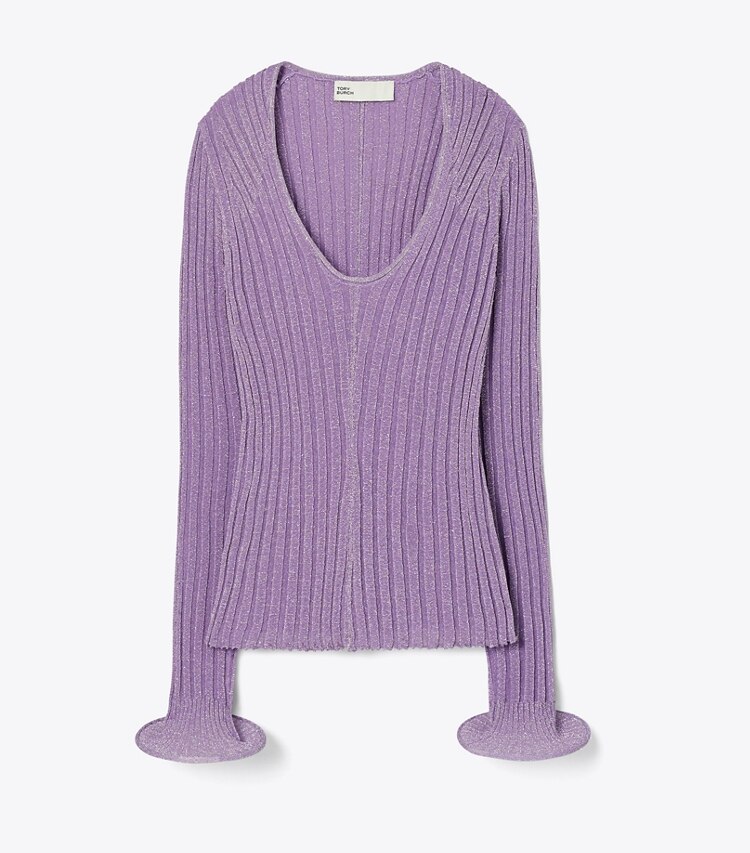 Tory Burch designer sweaters Top métallisé à encolure en U et cerceaux in Bright Lavender front